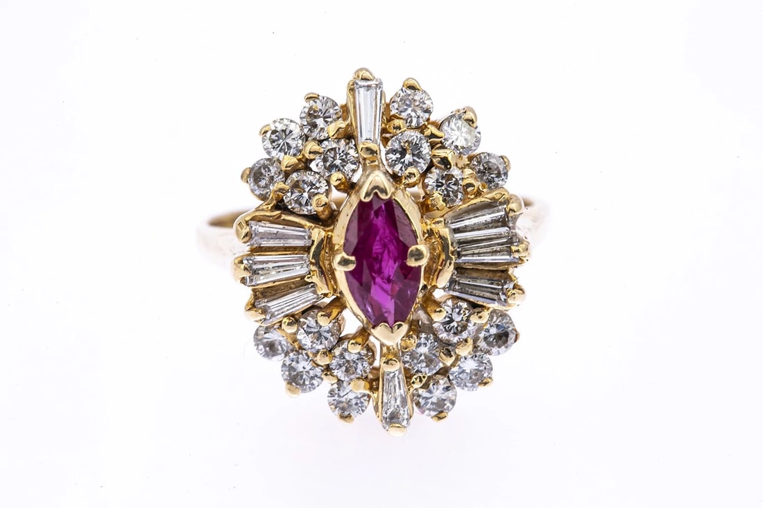 VINTAGE RUBY & DIAMOND COCKTAIL CLUSTER 14K GOLD RING: Vintage Ruby & Diamond Cocktail Cluster 14K Gold Ring Brand: Unbranded Type: Ring Material: Yellow Gold 14k Color: Yellow Size: 4.75 US Accessories: None Accessories Notice: When purchasin