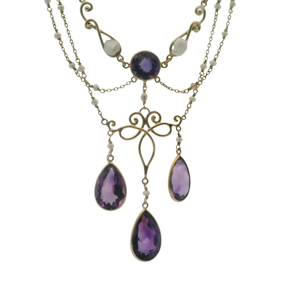 ANTIQUE EARLY ART NOUVEAU AMETHYST PEARL FESTOON NECKLACE: Antique Early Art Nouveau Amethyst Pearl Festoon Necklace Brand: Unbranded Type: Necklace Material: Yellow Gold 14k Color: Yellow Size: Length of Chain - 14.5" Width of Chain - 0.8mm 