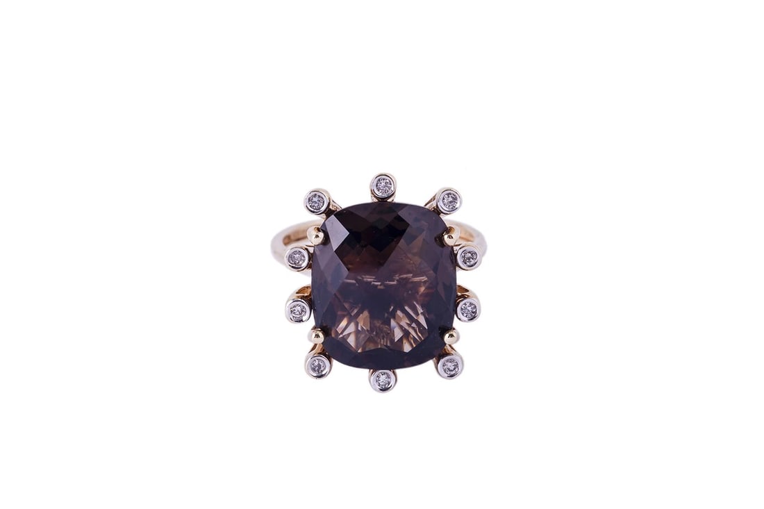 VINTAGE JS SMOKY QUARTZ & DIAMOND 14K YELLOW GOLD RING: Vintage JS Smoky Quartz & Diamond 14K Yellow Gold Ring Brand: Unbranded Type: Ring Material: Yellow Gold 14k Color: Color Brown Size: 6 US Accessories: None Accessories Notice: When