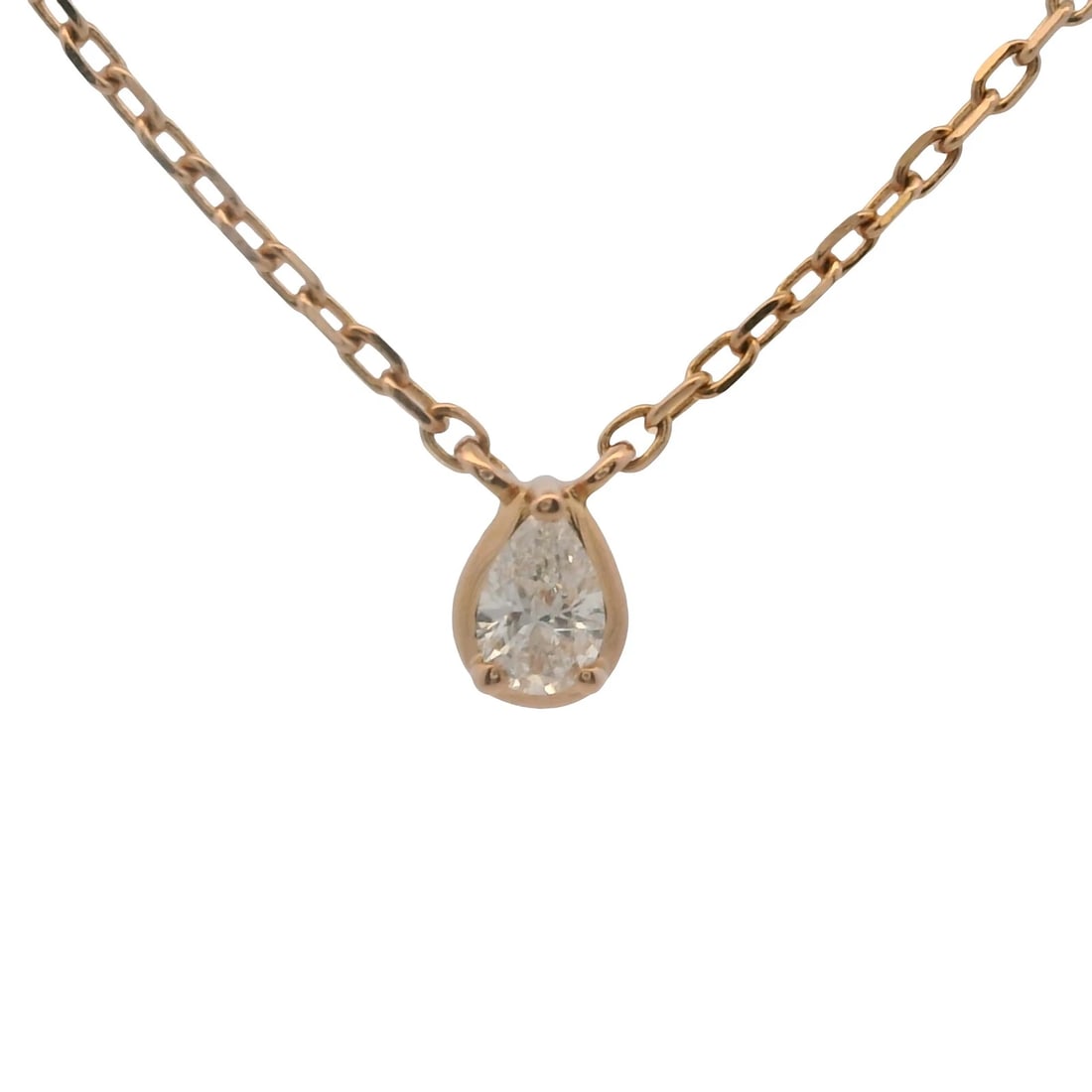 DJULA SOLID 18KT ROSE GOLD DAINTY PEAR DIAMOND SOLITAIRE NECKLACE: Djula Solid 18kt Rose Gold Dainty Pear Diamond Solitaire Necklace Brand: Djula Type: Pendant Material: Rose Gold 18k Main Stone/Creation Natural Color: Rose Size: Length of Chain - 16.5" Width