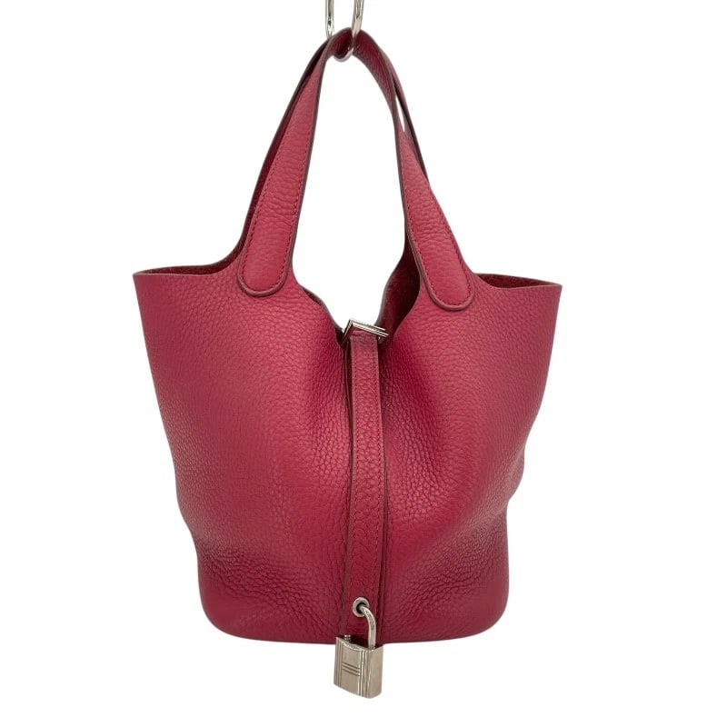HERMES PICOTAN LOCK PM HANDBAG: HERMES Picotan Lock PM Handbag Brand: HERMES Type: Handbag Material: Taurillon Clemence Color: Ruby SVHardware Size: W7.1 x H7.1x D5.3inch Accessories: None Accessories Notice: When