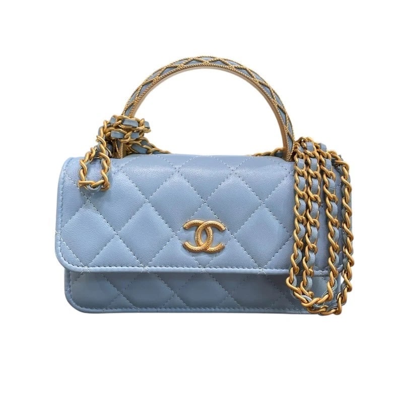 CHANEL MATELASSE TOP HANDLE PHONE SHOULDER: CHANEL Matelasse Top Handle Phone Shoulder Brand: CHANEL Type: Shoulder Bag Material: Ram Color: Light Blue x Gold Hardware Size: W6.7 x H3.5x D1.6inch Shoulder:49.2inch Accessories: None