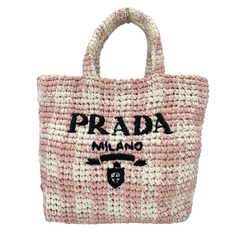 PRADA LOGO HANDBAG TOTE BAG: PRADA Logo handbag Tote Bag Brand: PRADA Type: Tote Bag Material: Raffia Color: pink Size: W11.4 x H8.7x D3.5inch Accessories: None Accessories Notice: When purchasing pre-owned goods, please