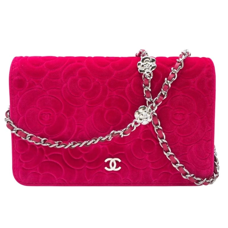 CHANEL COCO MARK FLOWER CHAIN SHOULDER BAG: CHANEL COCO Mark Flower Chain Shoulder Bag Brand: CHANEL Type: Shoulder Bag Material: Exterior Material Velor Color: Pink SV Hardware Size: W7.5 x H5.1x D1.4inch Shoulder:50.4inch Accessories: No
