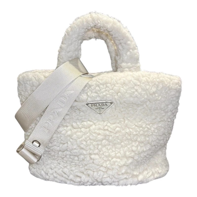 PRADA BOA 2WAY TOTE BAG: PRADA Boa 2WAY Tote Bag Brand: PRADA Type: Tote Bag Material: wool cashmere Color: White SilverHardware Size: W14.2 x H9.8x D6.7inch Shoulder:51.2inch Accessories: None Accessories Notice:
