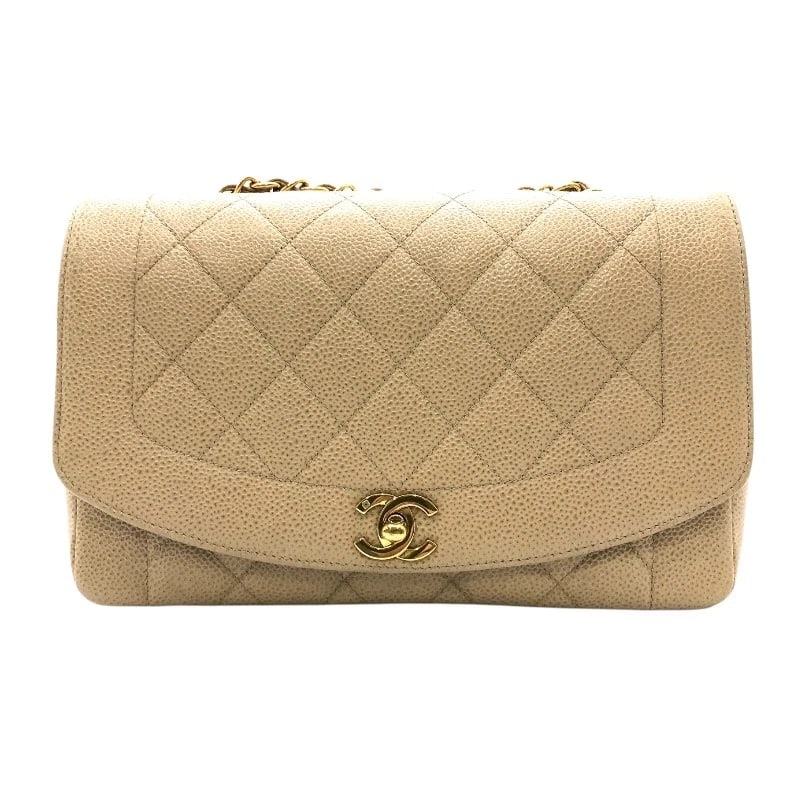 CHANEL DIANA 25 SHOULDER BAG: CHANEL Diana 25 Shoulder Bag Brand: CHANEL Type: Shoulder Bag Material: Caviar skin Color: Beige x Gold Hardware Size: W9.8 x H6.3x D2.8inch Accessories: None Accessories Notice: When