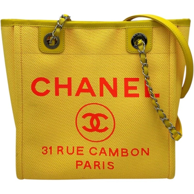 CHANEL DEAUVILLE PM 31 SHOULDER BAG: CHANEL Deauville PM 31 Shoulder Bag Brand: CHANEL Type: Shoulder Bag Material: canvas Color: Yellow SVHardware Size: W10.0 x H10.4x D2.6inch Accessories: None Accessories Notice: When