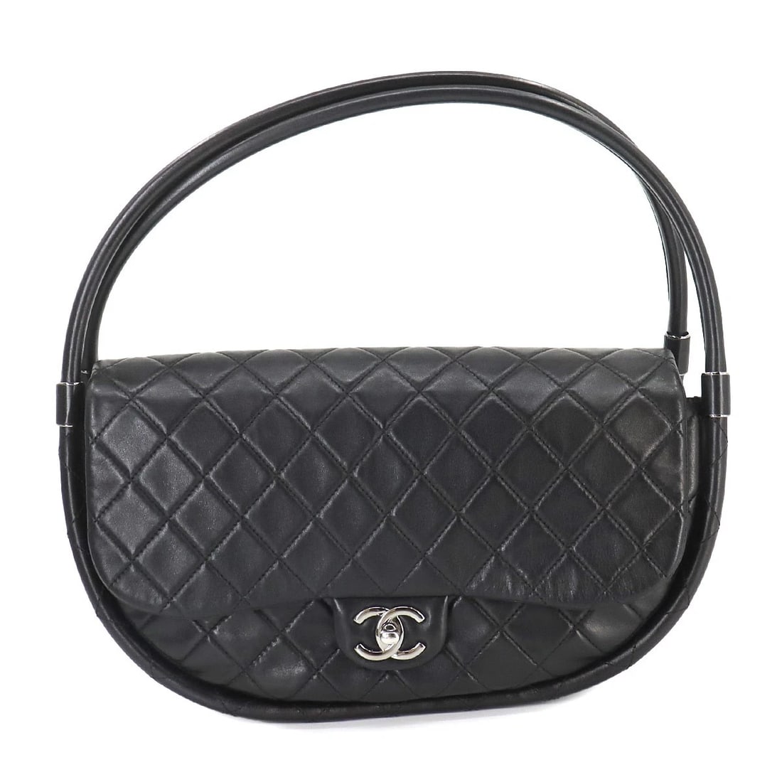 CHANEL MATELASSE HULA HOOP HAND BAG LEATHER BLACK: CHANEL MATELASSE HULA HOOP HAND BAG LEATHER BLACK Brand: CHANEL Type: Hand Bag Material: Leather Color: Black Size: W 12.99 inch, H 7.09 inch, D 4.13 inch Handle 19.3inch (49cm) Accessories: None