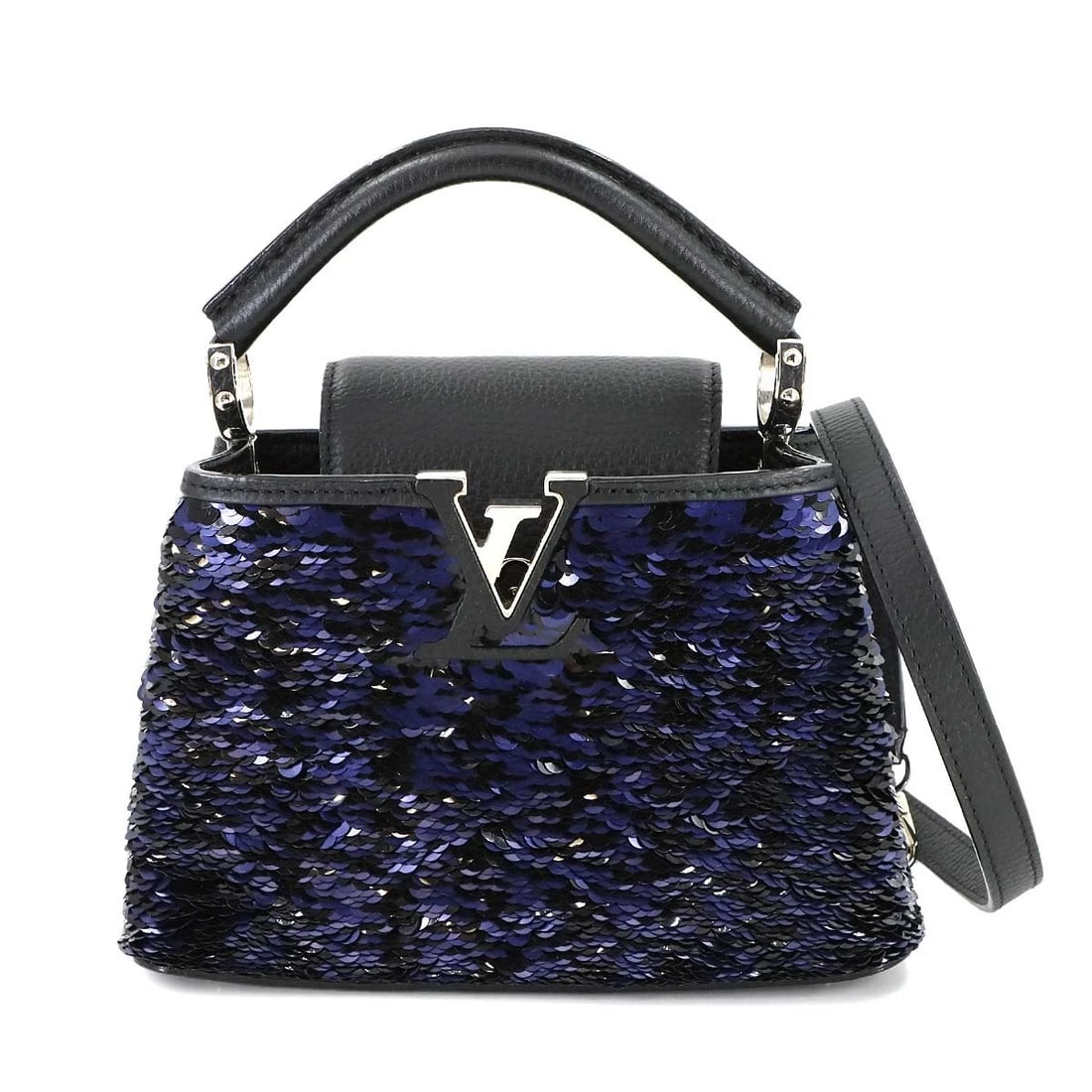LOUIS VUITTON CAPUCINES MINI HAND SHOULDER BAG: LOUIS VUITTON CAPUCINES MINI HAND SHOULDER BAG Brand: LOUIS VUITTON Type: Hand Bag / Shoulder Bag Material: Taurillon Leather , Sequin Color: Black , Navy Size: W 8.27 inch, H 5.51 inch, D 3.54 in