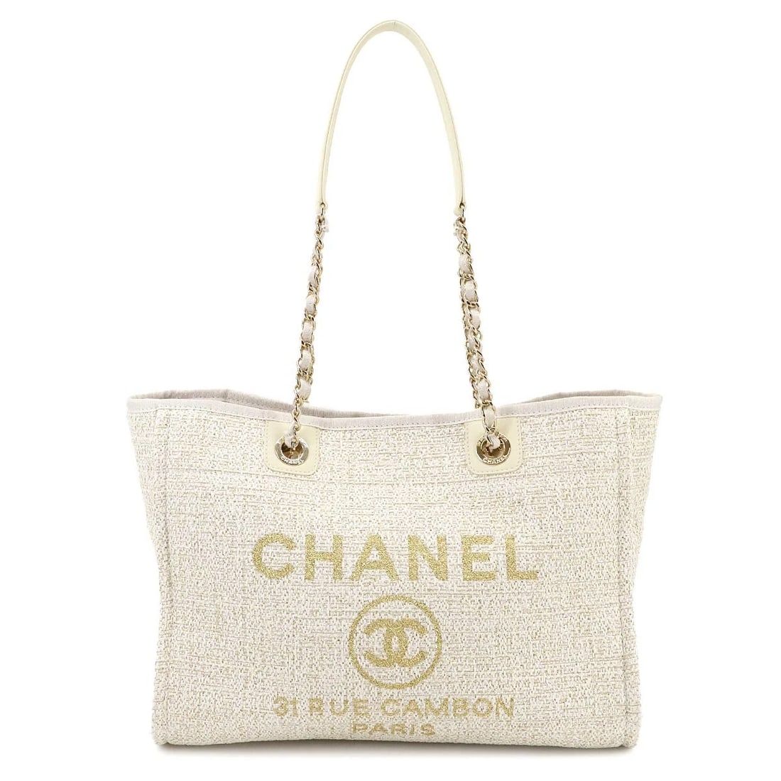 CHANEL DEAUVILLE MM CHAIN TOTE BAG TWEED LEATHER (1 of 7)