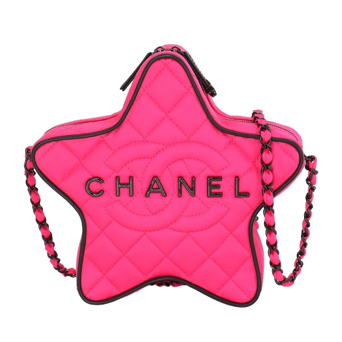 CHANEL MATELASSE STAR CHAIN SHOULDER BAG: CHANEL MATELASSE STAR CHAIN SHOULDER BAG Brand: CHANEL Type: Shoulder Bag Material: Satin Color: Fuchsia , Black Size: W 8.66 inch, H 8.66 inch, D 2.17 inch Shoulder 47.2inch (120cm) Accessories: