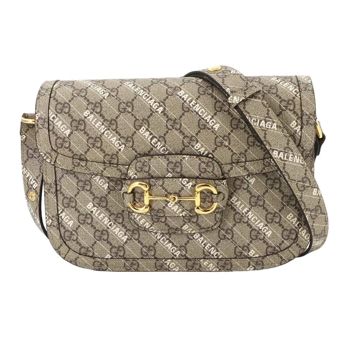 GUCCI BALENCIAGA HACKER HORSEBIT 1955 SHOULDER BAG: GUCCI BALENCIAGA HACKER HORSEBIT 1955 SHOULDER BAG Brand: GUCCI Type: Shoulder Bag Material: GG Supreme Canvas Color: Beige , White , Brown Size: W 10.04 inch, H 7.48 inch, D 2.36 inch Shoulder 26