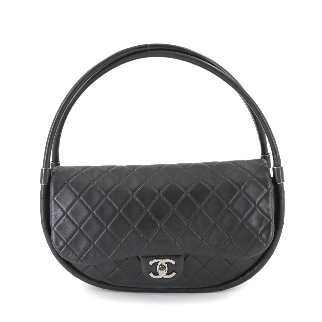 CHANEL MATELASSE HULA HOOP HAND BAG LEATHER BLACK PURSE: CHANEL MATELASSE HULA HOOP HAND BAG LEATHER BLACK PURSE Brand: CHANEL Type: Hand Bag Material: Leather Color: Black Size: W 12.99 inch, H 7.09 inch, D 3.94 inch Handle 18.5inch (47cm) Accessories