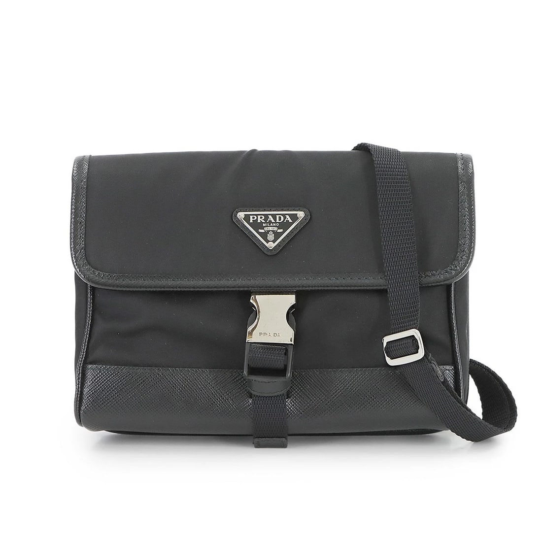 PRADA SHOULDER BAG NYLON SAFFIANO LEATHER BLACK PURSE: PRADA SHOULDER BAG NYLON SAFFIANO LEATHER BLACK PURSE Brand: PRADA Type: Shoulder Bag Material: Nylon , Saffiano Leather Color: Black Size: W 6.69 inch, H 5.12 inch, D 1.18 inch Shoulder (max.) 59