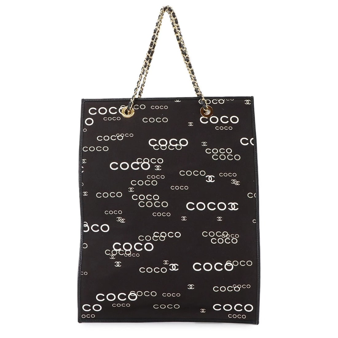 CHANEL COCO LOGOS CHAIN TOTE BAG CANVAS LEATHER BLACK: CHANEL COCO LOGOS CHAIN TOTE BAG CANVAS LEATHER BLACK Brand: CHANEL Type: Tote Bag Material: Canvas , Leather Color: Black , White Size: W 11.61 inch, H 14.96 inch, D 0.20 inch Handle 14.2inch (36