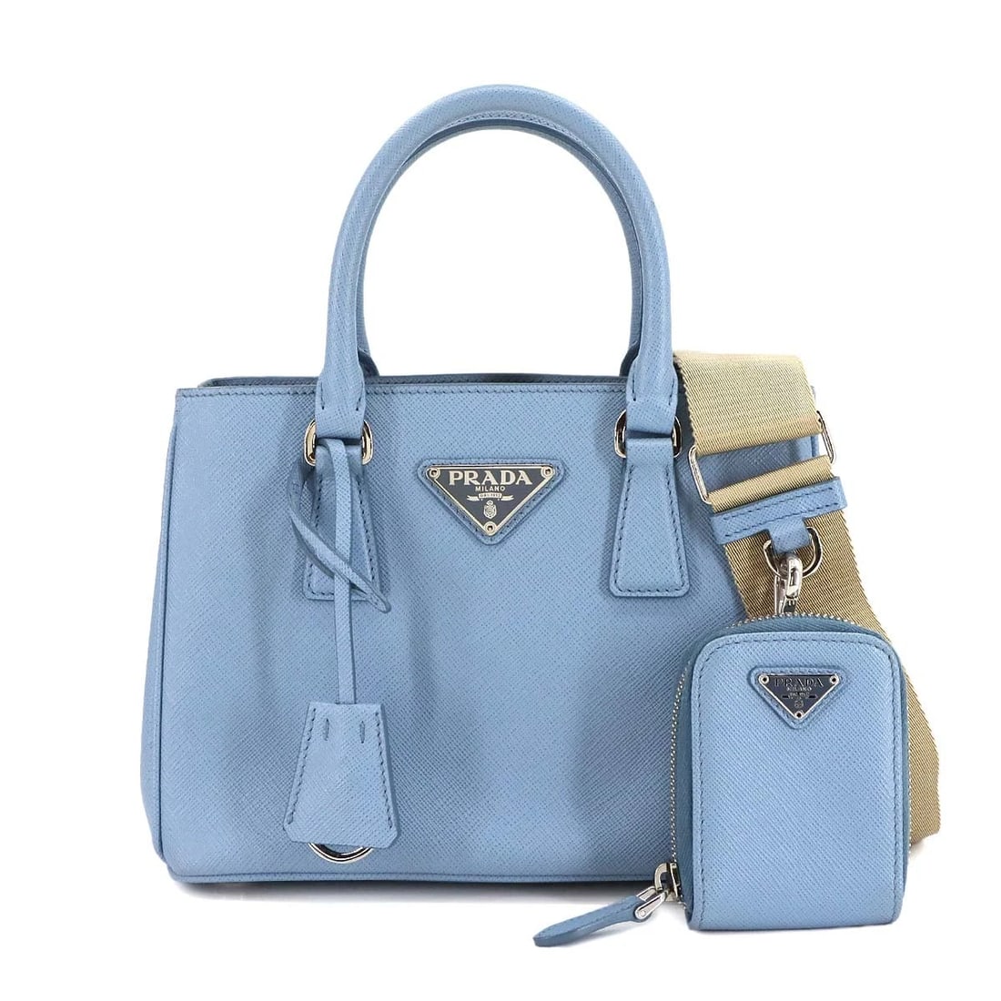 PRADA GALLERIA MINI HAND SHOULDER BAG SAFFIANO LEATHER: PRADA GALLERIA MINI HAND SHOULDER BAG SAFFIANO LEATHER Brand: PRADA Type: Hand Bag / Shoulder Bag Material: Saffiano Leather Color: Light blue Size: W 8.66 inch, H 6.30 inch, D 4.13 inch Handle 9.