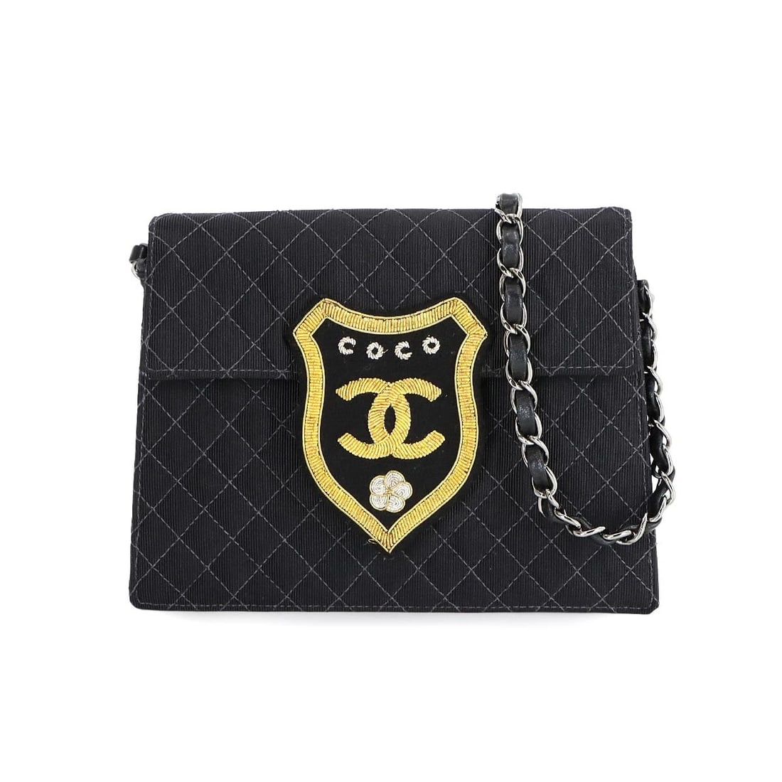 CHANEL MATELASSE EMBLEM CHAIN SHOULDER BAG CANVAS: CHANEL MATELASSE EMBLEM CHAIN SHOULDER BAG CANVAS Brand: CHANEL Type: Shoulder Bag Material: Canvas , Leather Color: Black Size: W 7.68 inch, H 5.71 inch, D 1.38 inch Shoulder 44.9inch (114cm) Ac