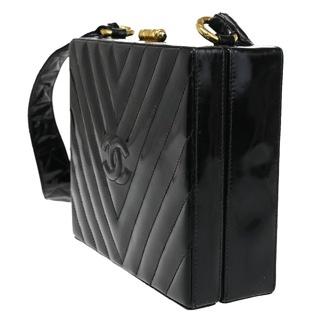 CHANEL CC LOGO V STITCH SHOULDER BAG PATENT LEATHER BLACK (1 of 10)