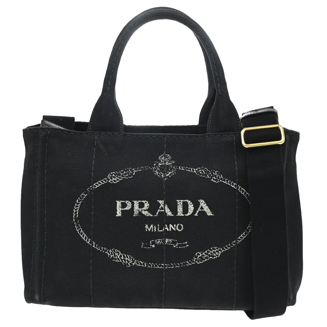 PRADA LOGO CANAPA 2WAY SHOULDER HAND BAG CANVAS LEATHER BLACK (1 of 9)