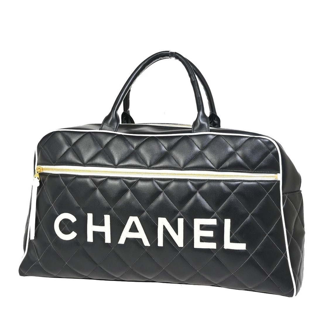 CHANEL CC LOGO MATELASSE TRAVEL HAND BAG LEATHER BLACK WHITE: CHANEL CC LOGO MATELASSE TRAVEL HAND BAG LEATHER BLACK WHITE Brand: CHANEL Type: Hand Bag Material: Leather Color: Black,White Size: W 18.1 x H 10.6 x D 4.7 " (approx.) HANDLE DROP ( inch /cm ) 5.