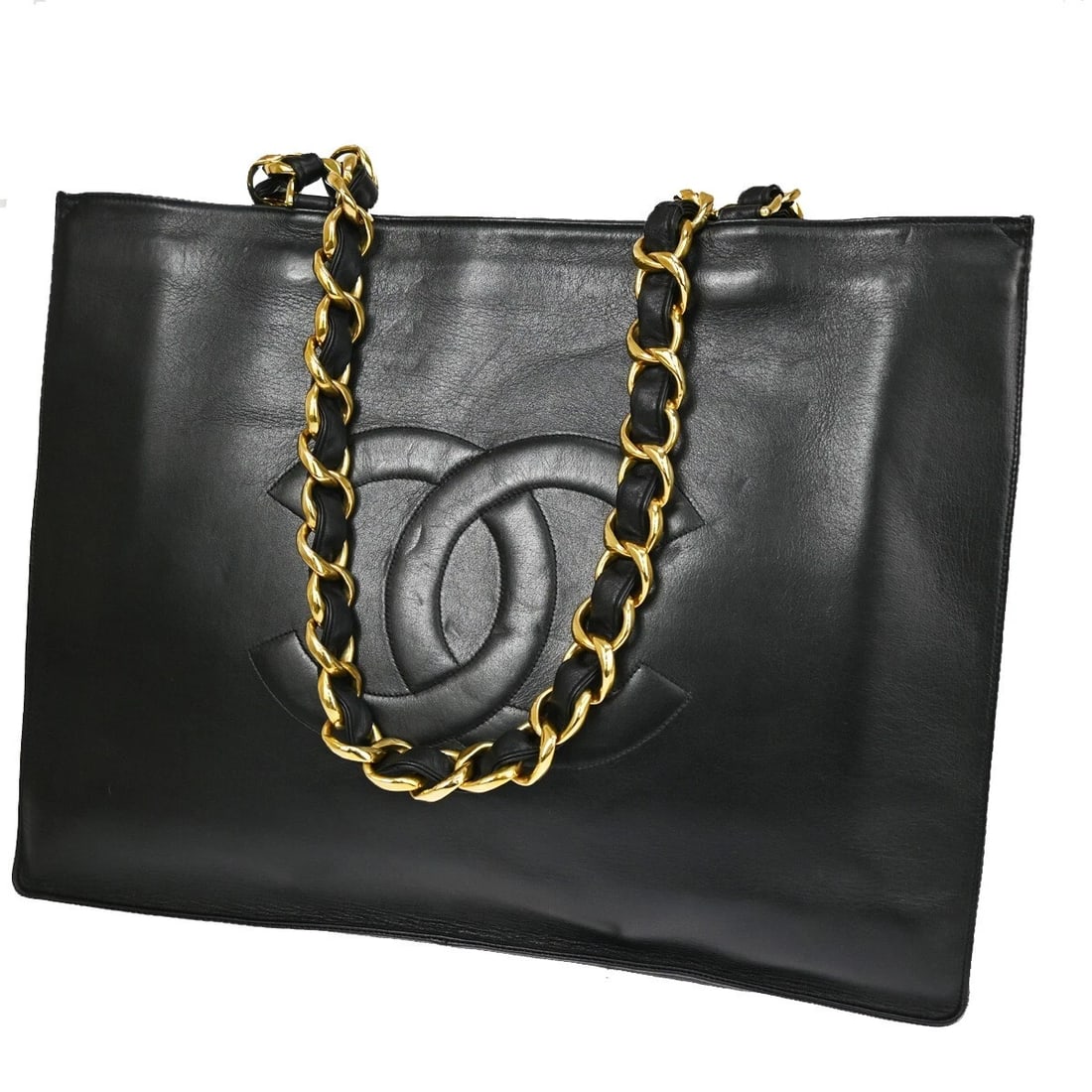 CHANEL CC LOGO CHAIN SHOULDER TOTE BAG LEATHER BLACK (1 of 11)