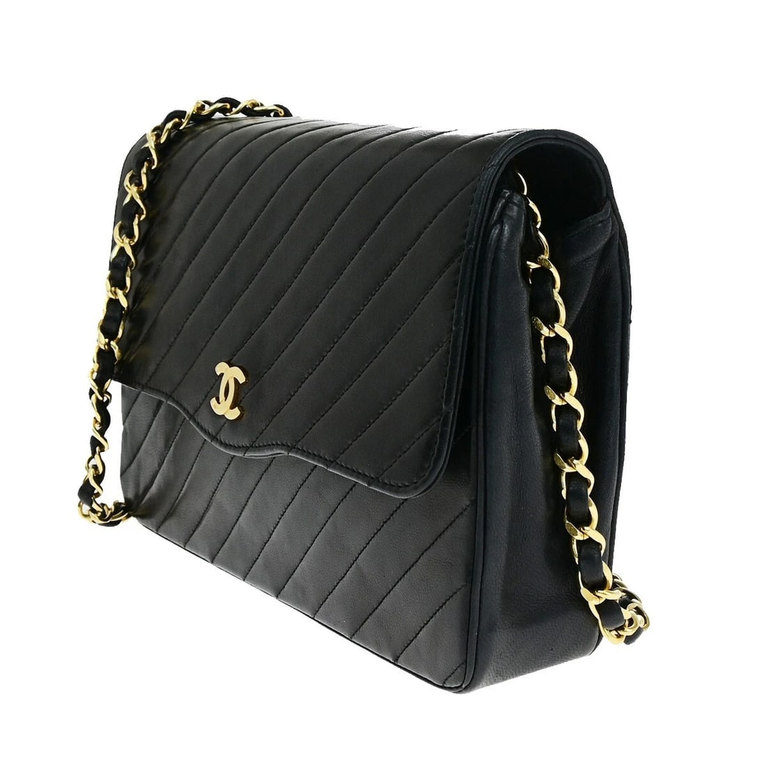 CHANEL CC BIAS STITCH CHAIN SHOULDER BAG LEATHER BLACK (1 of 9)