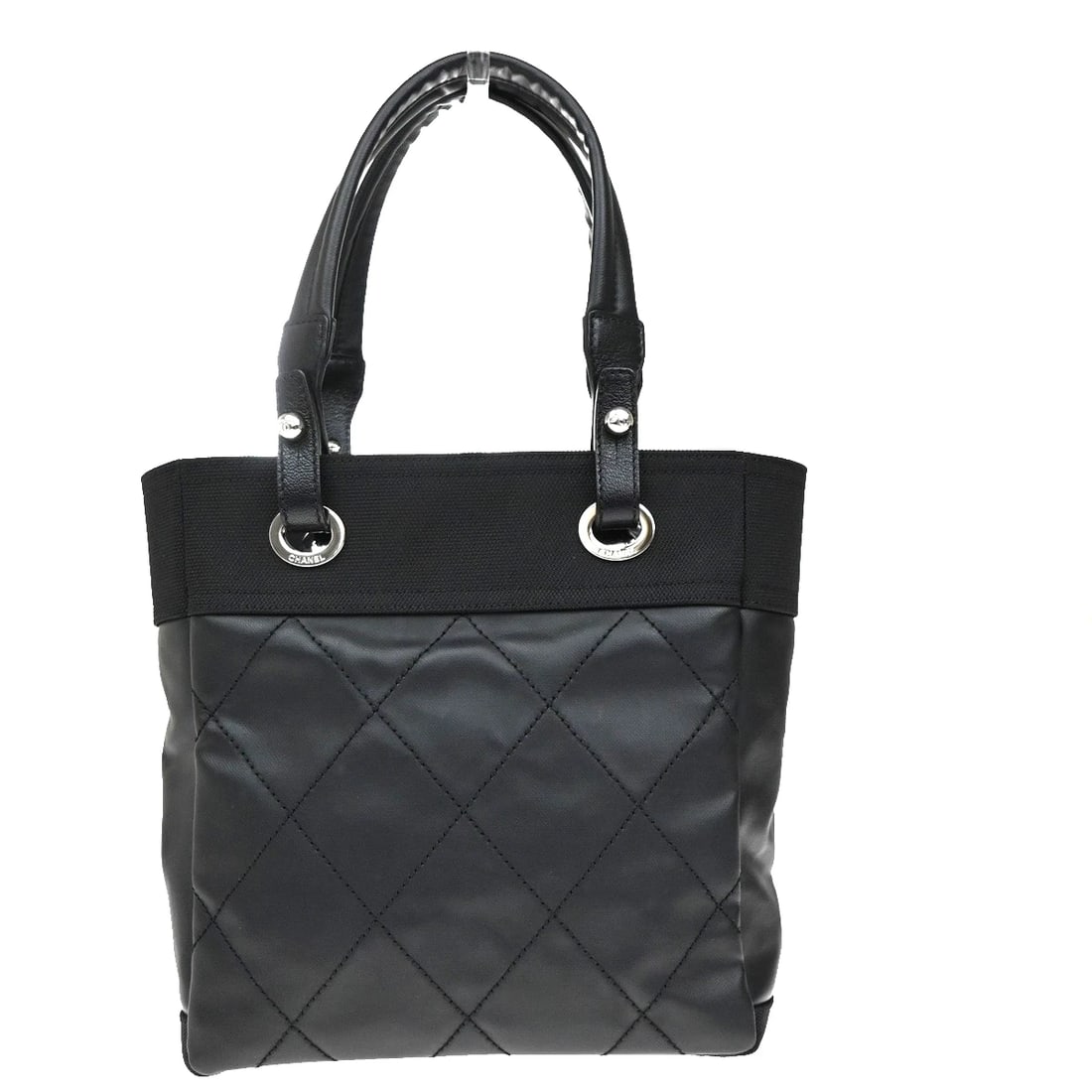 CHANEL CC PARIS BIARRITZ PM SHOULDER BAG COATING CANVAS LEATHER: CHANEL CC PARIS BIARRITZ PM SHOULDER BAG COATING CANVAS LEATHER Brand: CHANEL Type: Shoulder Bag Material: Leather, Coating Canavs Color: Black Size: W 10.2 x H 10.6 x D 4.3 " (approx.) HANDLE DRO