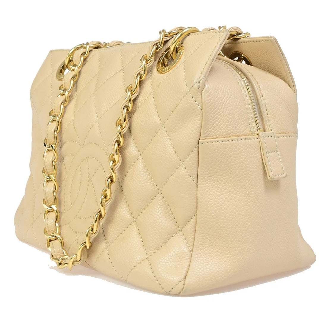 CHANEL CC LOGO MATELASSE CHAIN SHOULDER BAG GRAINED LEATHER: CHANEL CC LOGO MATELASSE CHAIN SHOULDER BAG GRAINED LEATHER Brand: CHANEL Type: Shoulder Bag Material: Grained Calfskin Leather Color: Beige Size: W 9.8 x H 7.1 x D 5.5 " (approx.) SHOULDER DROP (