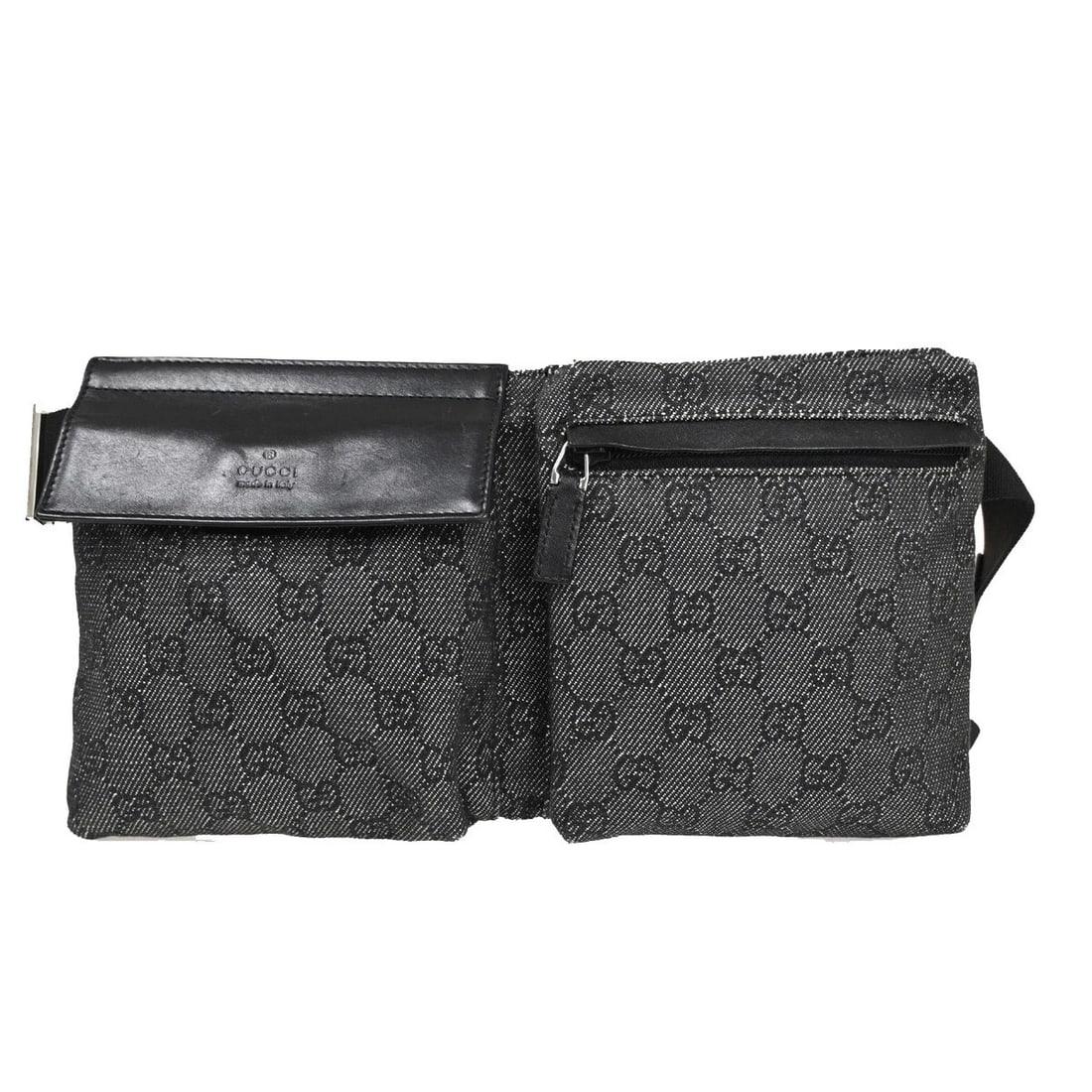 GUCCI LOGO GG PATTERN BUM BAG BELT CANVAS LEATHER BLACK SILVER (1 of 9)