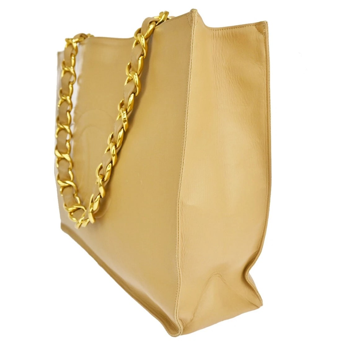 CHANEL CC LOGO CHAIN SHOULDER TOTE BAG LEATHER BEIGE GOLD-PLATED (1 of 11)