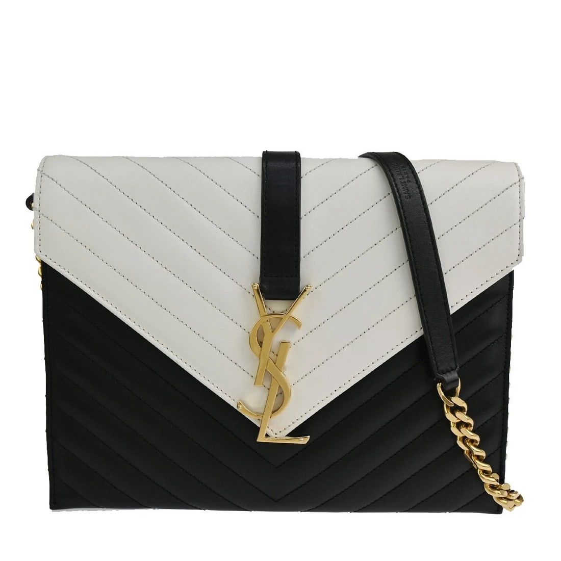 SAINT LAURENT 2WAY CHAIN ENVELOPE SHOULDER BAG BICOLOR: SAINT LAURENT 2WAY CHAIN ENVELOPE SHOULDER BAG BICOLOR Brand: Saint Laurent Type: Shoulder Bag Material: Leather Color: Black White Size: W 9.4 x H 7.5 x D 1.2 " (approx.) SHOULDER DROP ( inch /cm