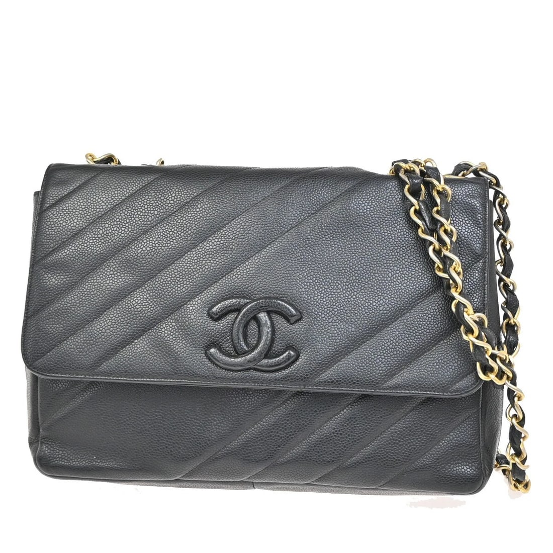 CHANEL CC BIAS STITCH CHAIN SHOULDER BAG GRAINED CALFSKIN LEATHER (1 of 9)