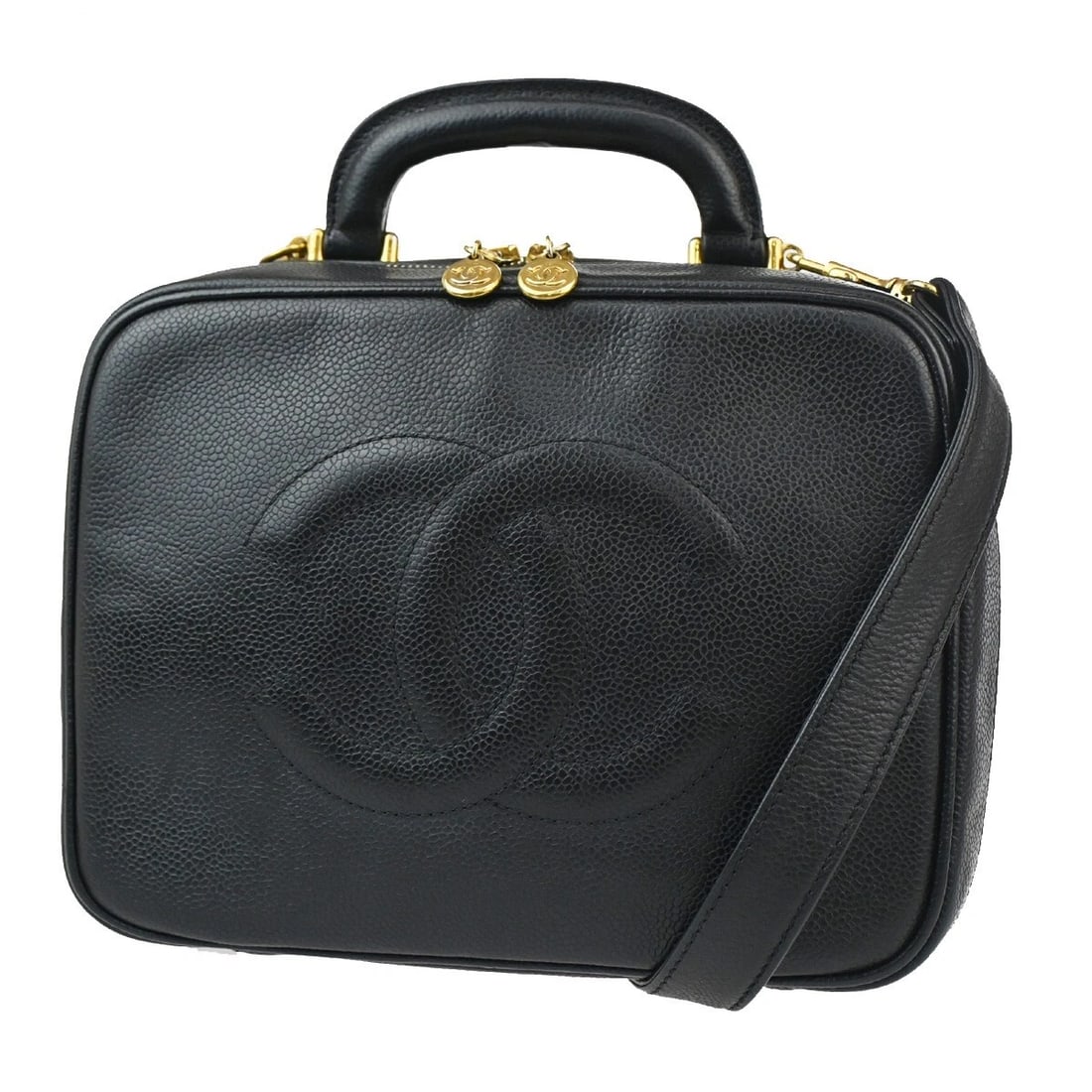 CHANEL CC LOGO VANITY COSMETIC 2WAY HAND BAG GRAINED LEATHER BLACK (1 of 12)