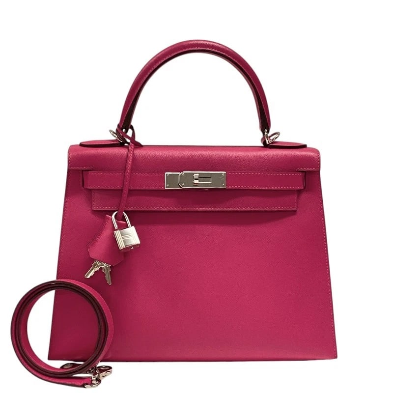 HERMES KELLY 28 OUTER SEWING HANDBAG: HERMES Kelly 28 outer sewing Handbag Brand: HERMES Type: Handbag Material: Madam Color: Rose Extreme SilverHardware Size: W11.4 x H8.3x D4.3inch Shoulder:35.4inch Accessories: None