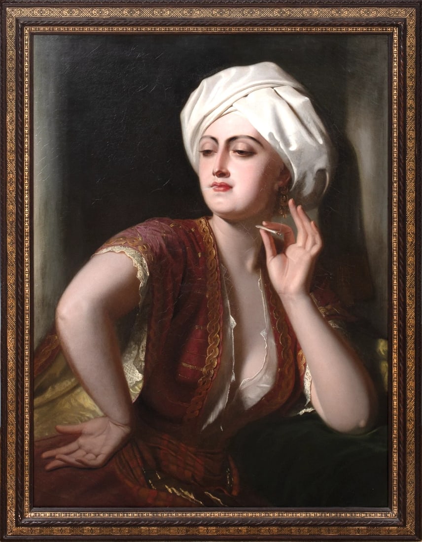 PORTRAIT OF A LADY WEARING A TURBAN OIL PAINTING: Year: 19th century Size: 41" x 33" Medium: Oil Description: A large oil painting by Philip Villamil from the 19th century depicts a woman smoking a cigarette while wearing a turban; she may be an odal