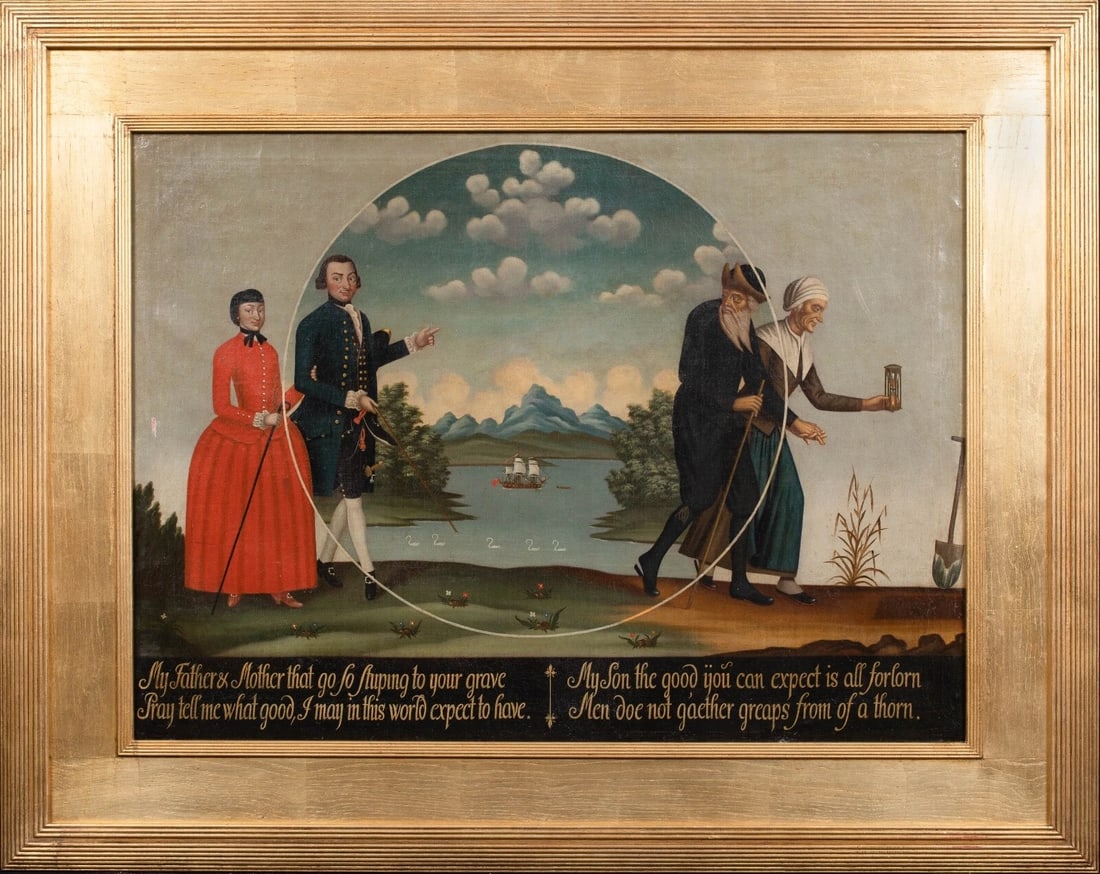 AN ALLEGORY OF MARRIAGE OIL PAINTING: Year: 18th century Size: 41" x 33 Medium: Oil Description: Large oil on canvas marital allegory from the English School of the eighteenth century. Unique allegory of marital life from around 1770, wit