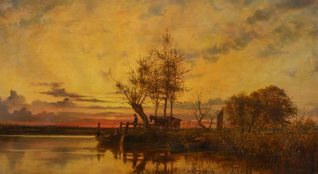 VIEW OF A NORFOLK FERRY CROSSING AT SUNSET OIL PAINTING (1 of 9)