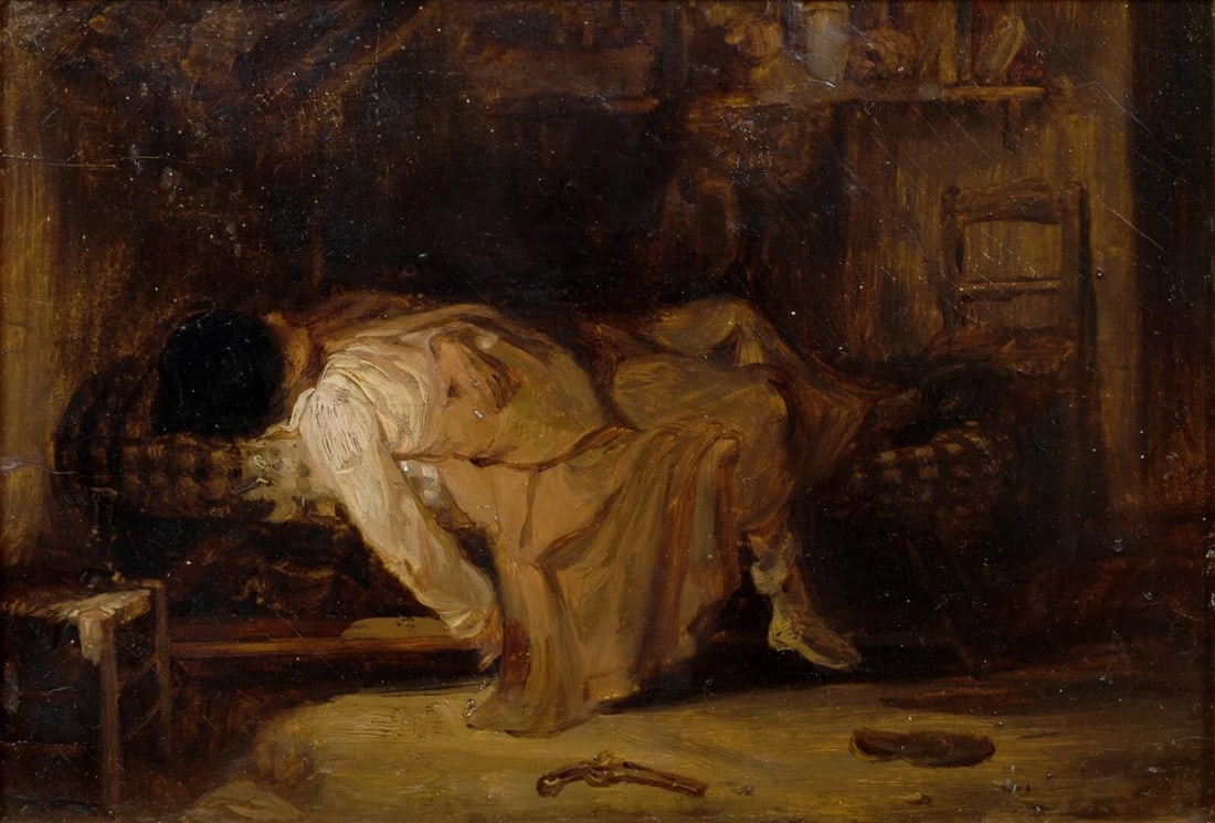 "LE SUICIDE" OIL PAINTING: Year: 19th century Size: 15" x 12" Medium: Oil Description: Interior view of a suicide by an artist from a 19th-century European school; oil on panel. An artist's corpse is depicted in this exquisitel