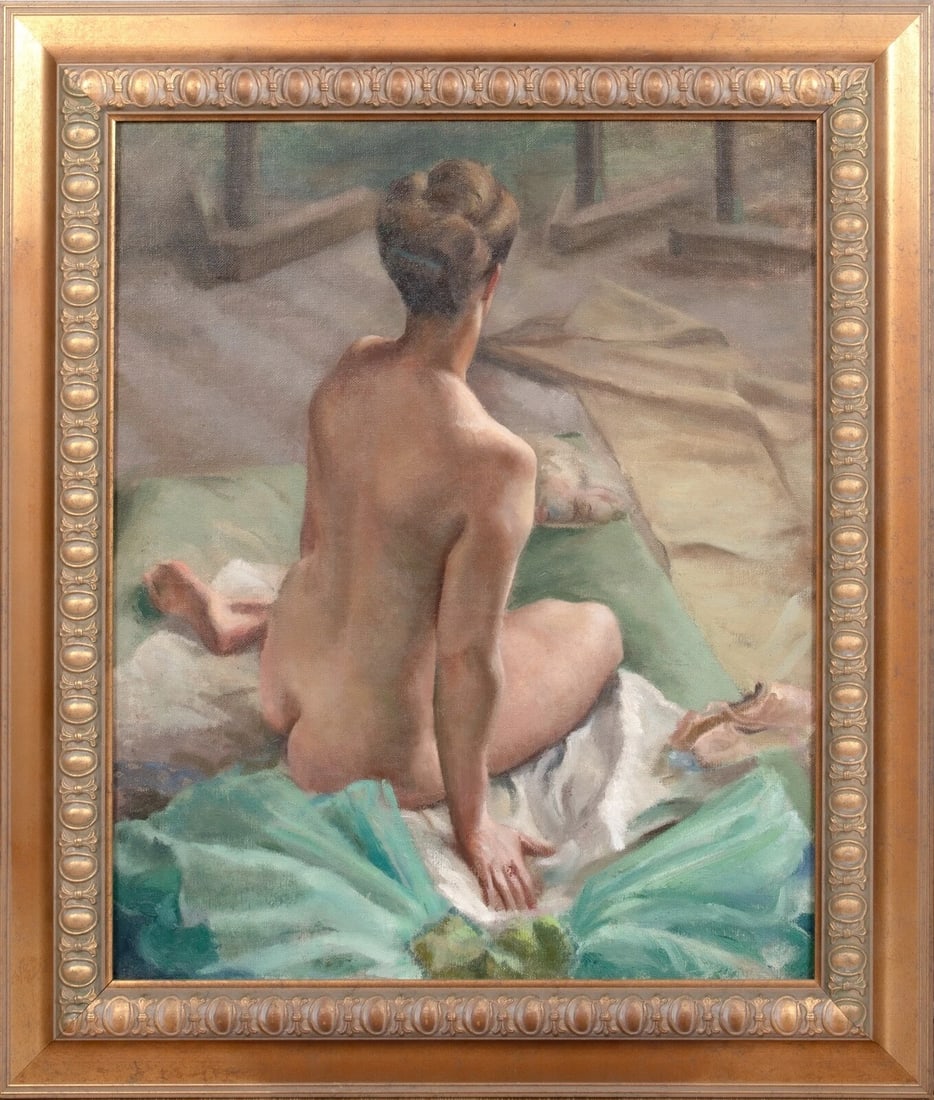 NUDE IN A GREEN INTERIOR OIL PAINTING: Year: 19th century Size: 30" x 26" Medium: Oil Description: Large oil on canvas study of a nude woman from the back on a bed, created around 1900. Full length nude from the back with lovely light trea