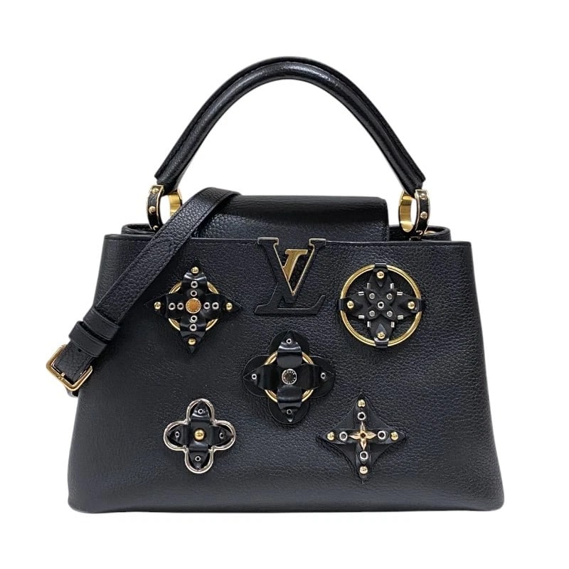 LOUIS VUITTON CAPUSINE PM HANDBAG: LOUIS VUITTON Capusine PM Handbag Brand: LOUIS VUITTON Type: Handbag Material: Taurillon Clemence Leather Color: Black Gold Hardware Size: W12.2 x H7.5x D4.3inch Shoulder:43.3inch 