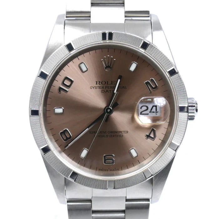 ROLEX OYSTER PERPETUAL DATE ENGINE TURNED WATCH: ROLEX Oyster Perpetual Date Engine Turned Brand: ROLEX Type: Wrist watch Material: [ Material ] Case: SS / Belt: SS Color: Dial Dial Color Pink Belt color Silver Case Color Silver Size: [ Size ] C