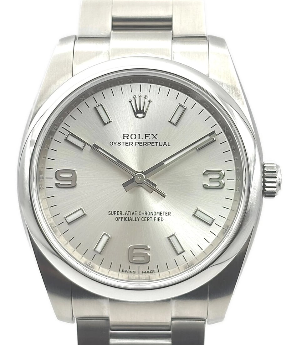 ROLEX OYSTER PERPETUAL SILVER DIAL WATCH: ROLEX Oyster Perpetual Silver Dial Brand: ROLEX Type: Wrist watch Material: Case Material SS /SS Band Material SS /SS Color: Dial Silver Dial Size: [ Size ] 34mm/17cm Accessories: None Acc