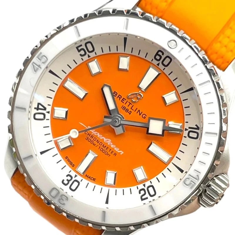 BREITLING SUPEROCEAN ORANGE SS/CERAMIC/RUBBER STRAP WATCH: Breitling Superocean Orange SS/Ceramic/Rubber Strap Brand: BREITLING Type: Wrist watch Material: SS/ceramic/rubber belt Color: Dial Orange Size: [ Case size ] 36mm / Case shape: Round face /