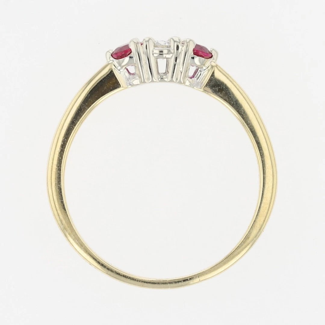 ROUND CUT DIAMOND AND RUBY THREE-STONE RING - 2