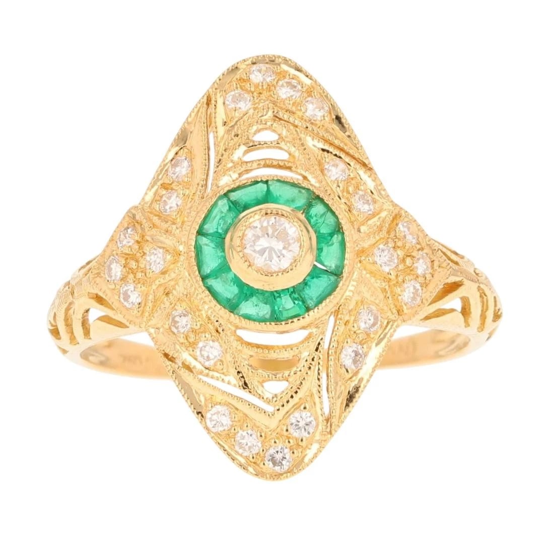 DIAMOND W/ EMERALD HALO ART DECO FILIGREE RING: Diamond w/ Emerald Halo Art Deco Filigree Ring Brand: Unbranded Type: Ring Material: 18k Yellow Gold Main Stone/Creation Emerald Color: Main Stone Color: Green Size: 8 US Accessories: None