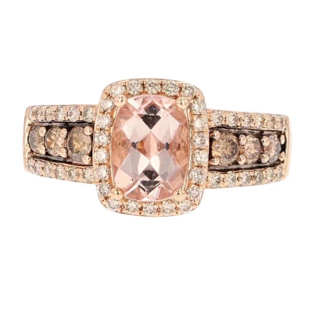 LE VIAN CUSHION MORGANITE W/ DIAMOND HALO RING: Le Vian Cushion Morganite w/ Diamond Halo Ring Brand: Le Vian Type: Ring Material: 14k Rose Gold Main Stone/Creation Natural Color: Main Stone Color: Light Pink Size: 5.75 US Accessories: