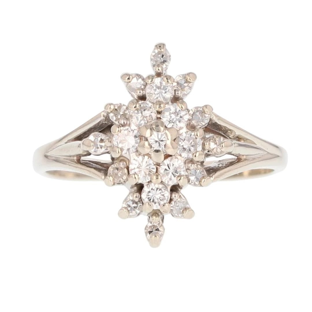 ROUND CUT DIAMOND CLUSTER PRONG-SET STATEMENT RING: Round Cut Diamond Cluster Prong-Set Statement Ring Brand: Unbranded Type: Ring Material: 14k White Gold Main Stone/Creation Natural Color: None Size: 8 US Accessories: None Accessories