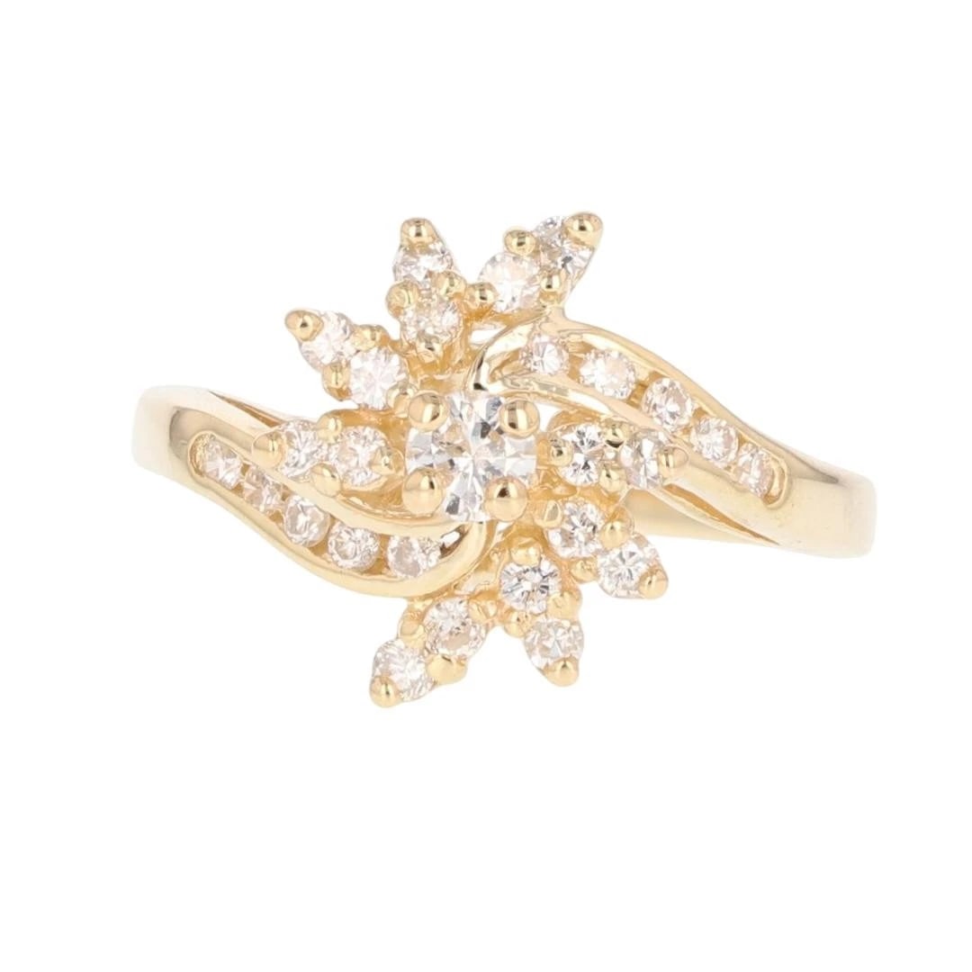 ROUND CUT DIAMOND CLUSTER PRONG-SET STATEMENT RING: Round Cut Diamond Cluster Prong-Set Statement Ring Brand: Unbranded Type: Ring Material: 14k Yellow Gold Main Stone/Creation Natural Color: None Size: 6 US Accessories: None Accessories