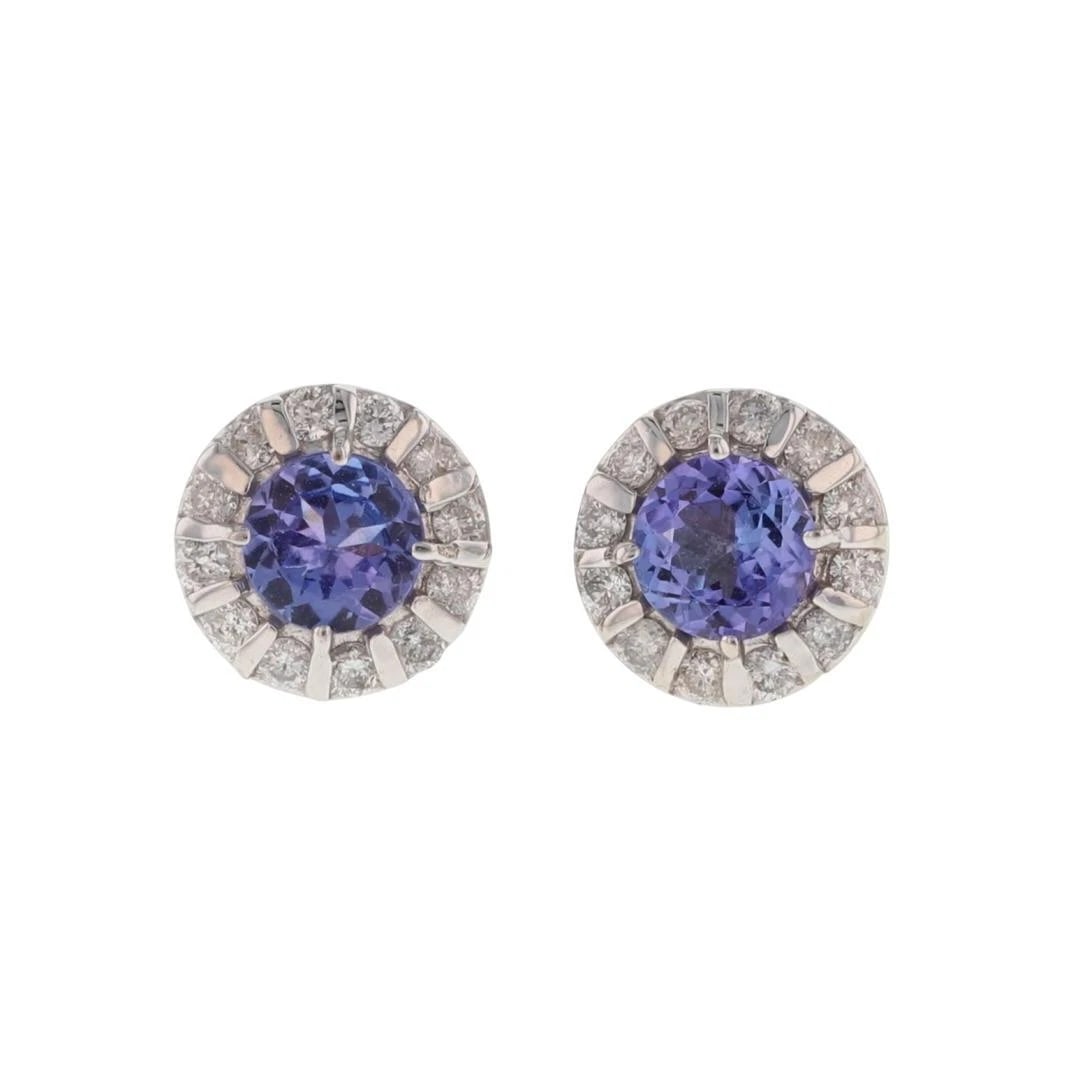 ROUND TANZANITE WITH DIAMOND HALO STUD PAIR EARRINGS: Round Tanzanite with Diamond Halo Stud Pair Earrings Brand: Effy Type: Earrings Material: 14k White Gold Main Stone/Creation Natural Color: Main Stone Color: Violet Size: Earring Diameter: 8.7mm