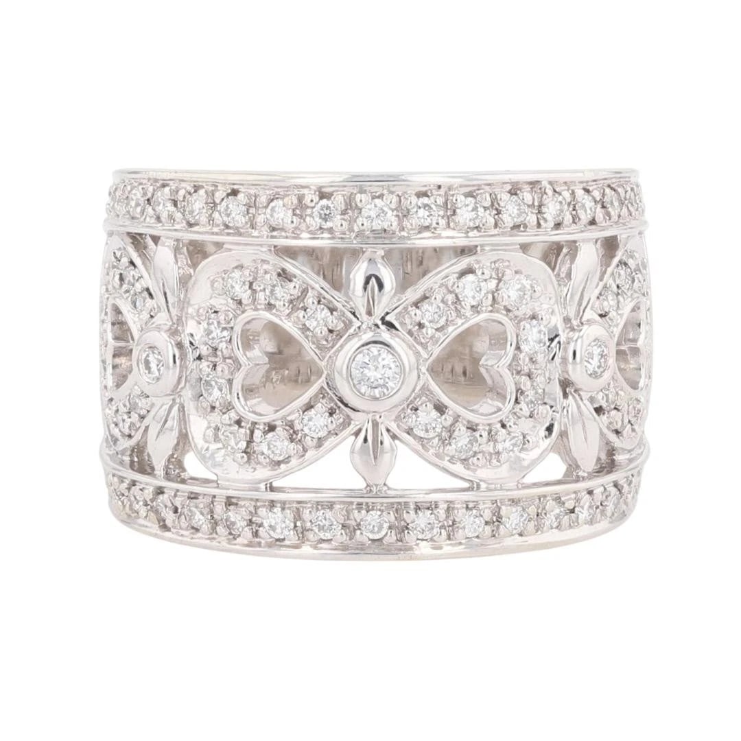 ROUND DIAMOND OPEN FACE HEART STATEMENT BAND RING: Round Diamond Open Face Heart Statement Band Ring Brand: Unbranded Type: Ring Material: 14k White Gold Main Stone/Creation Natural Color: None Size: 6 US Accessories: None Accessories Notice: